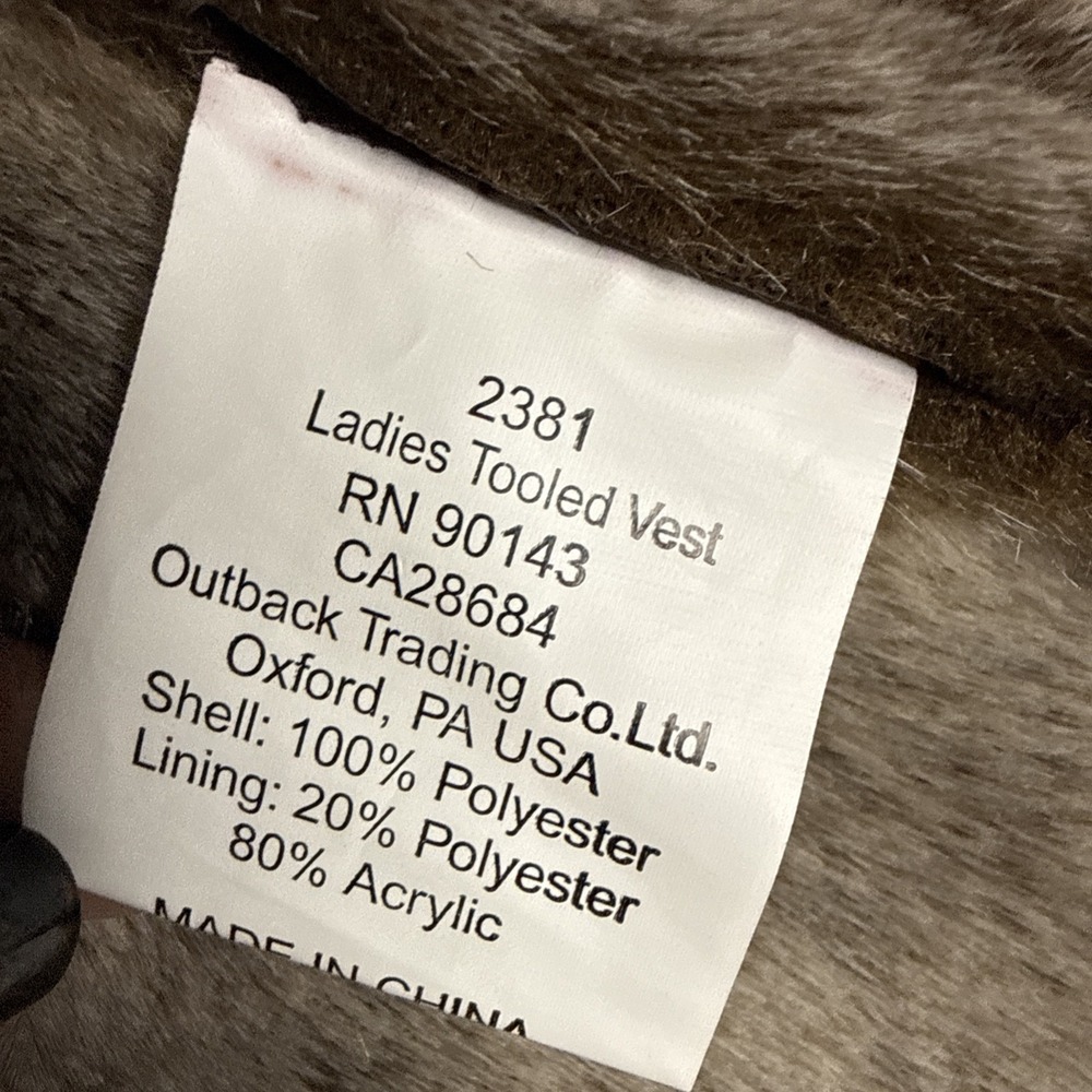 Outback Trading Co. Tooled Vest Women's Large Brown Full Zip Faux Fur Western - Picture 5 of 7